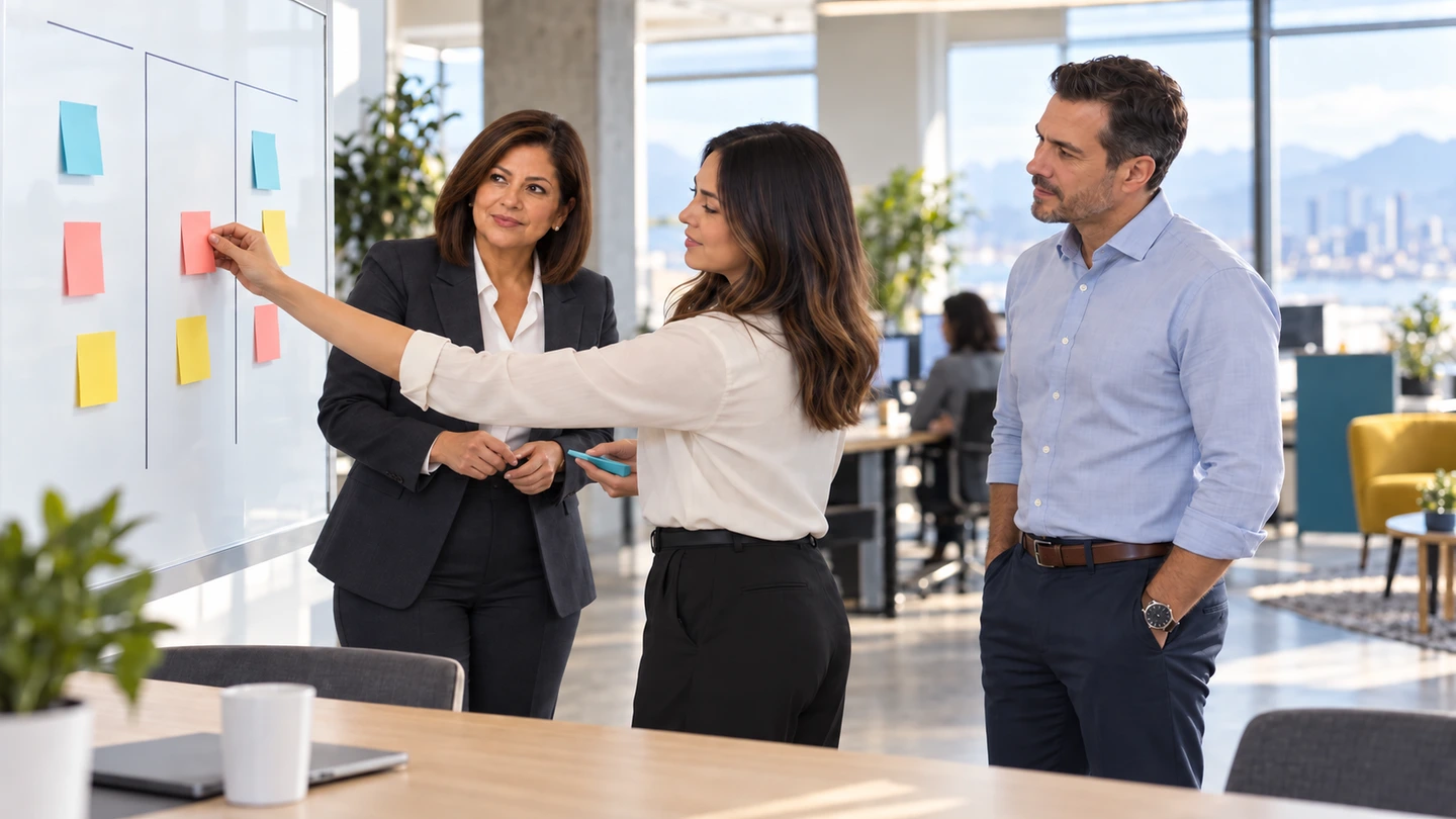 Morgan and operations colleagues agreeing request ownership at a workflow board