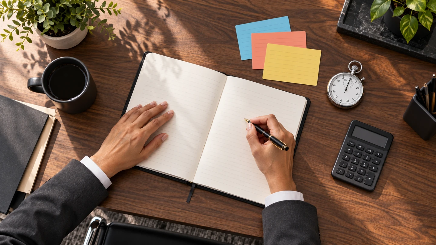An operations planning notebook, stopwatch and colored task cards on a desk