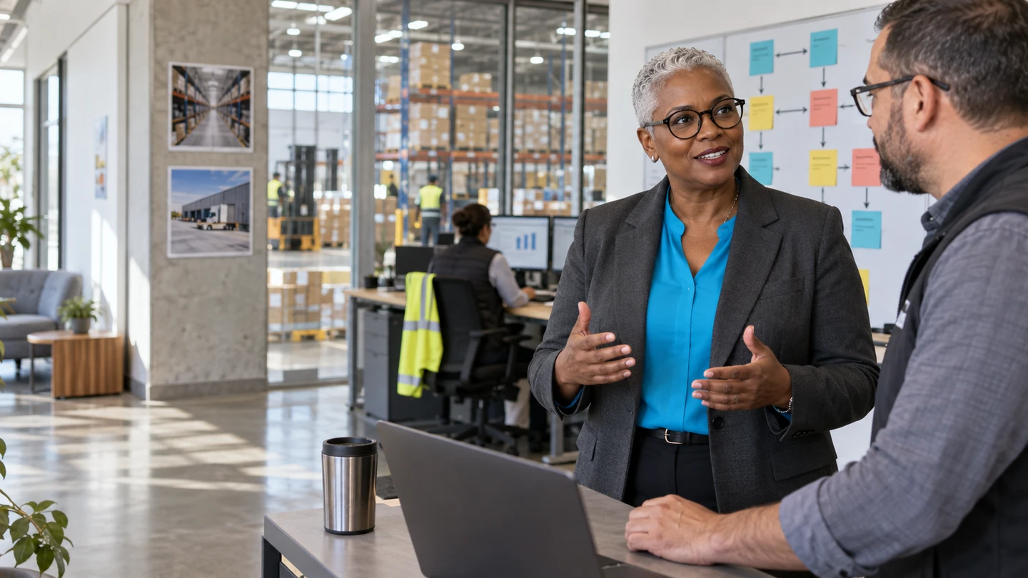 Morgan reviewing operational ownership in a distribution-center office